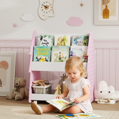 3 Tier Kids Bookshelf With Toy Storage And Wheels For Bedroom Or Playroom Pink AOSOM