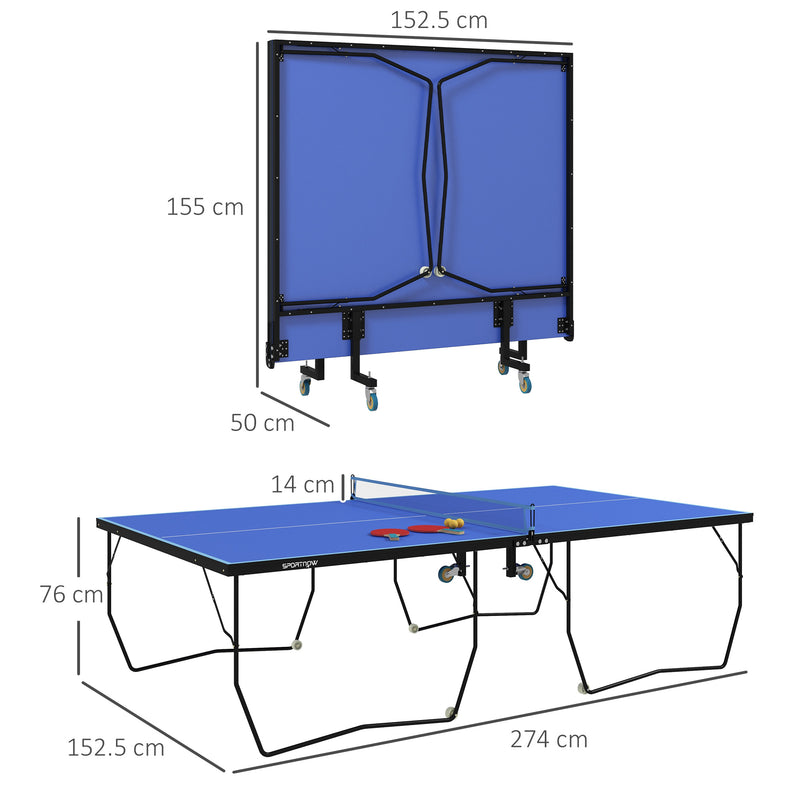 SPORTNOW 9FT Folding Tennis Table, with 8 Wheels, for Indoor Use, Blue AOSOM
