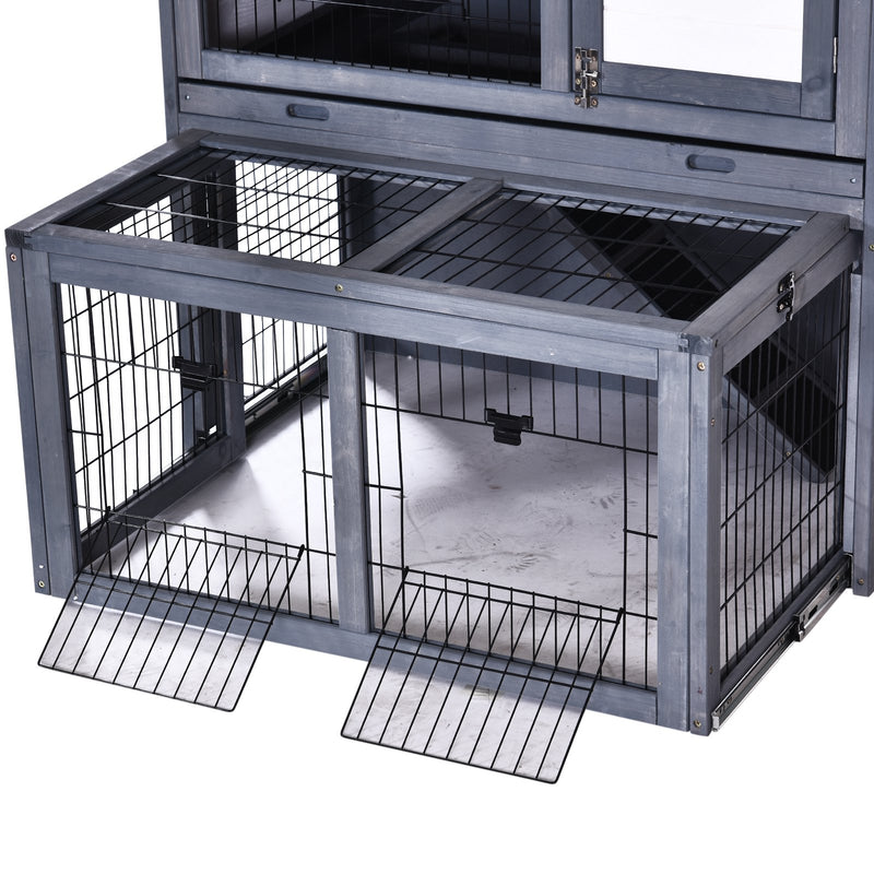 2 Tier Wooden Rabbit Hutch for Outdoor Use with Ramp and Shelter for Guinea Pigs Grey AOSOM