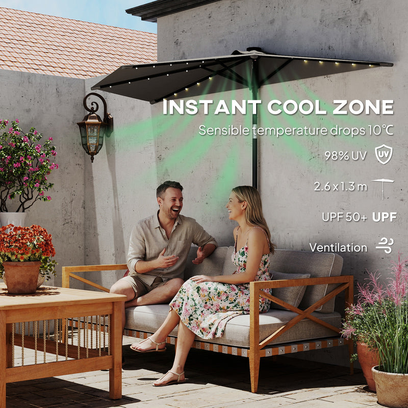 Half Garden Parasol With Solar Lights for Balcony or Small Patio with Adjustable Shade, Dark Grey