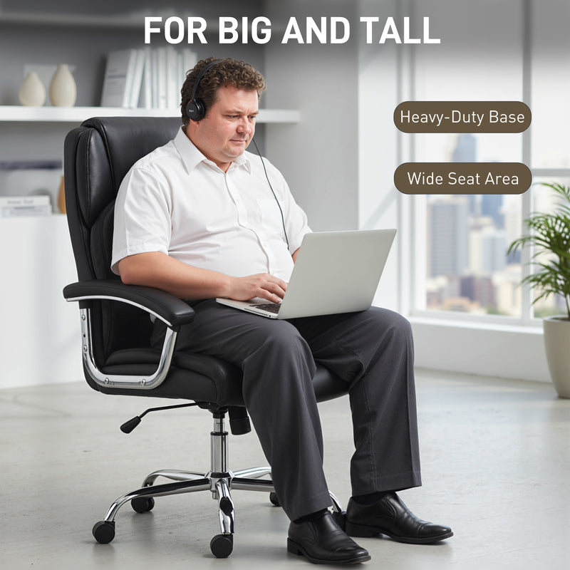 Ergonomic Big and Tall Office Chair With Spring Cushion Supports 180kg PU Leather Black AOSOM