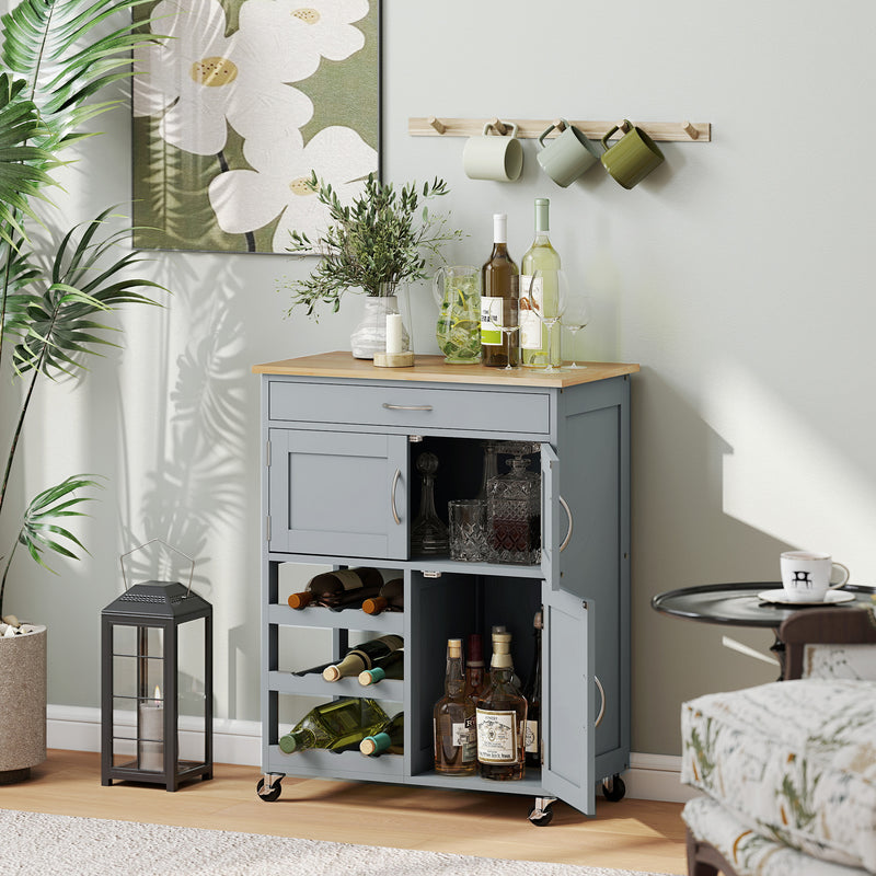 Kitchen Trolley with Storage Cabinets and Wine Rack for Extra Prep Space Grey