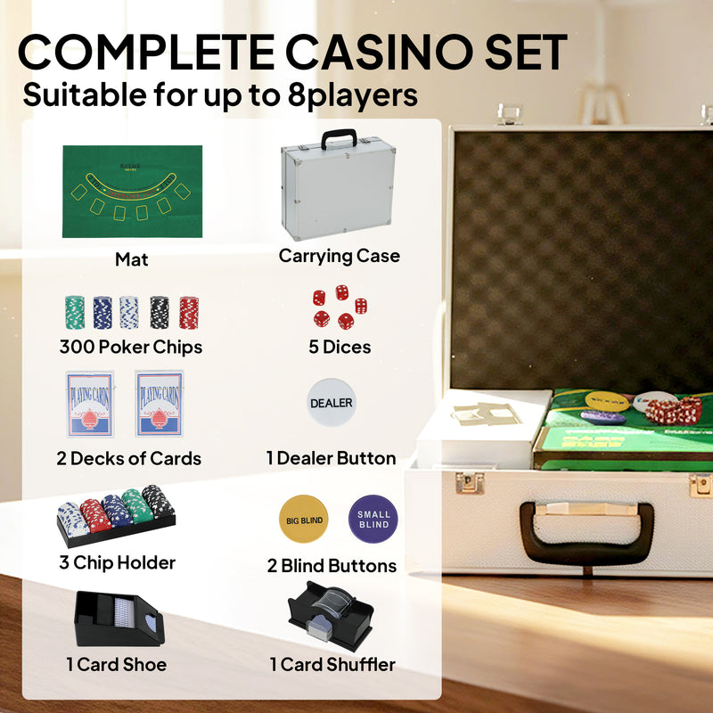 300 Piece Poker Chip Set with Card Shuffler and Mat for Casino Games Silver Tone AOSOM