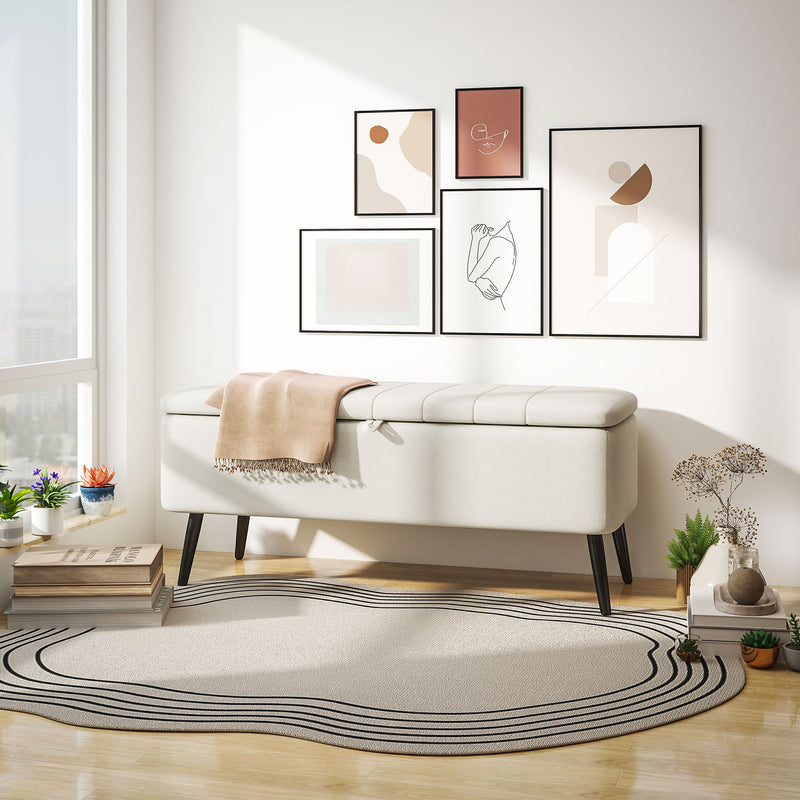 Cream White Linen Look Storage Ottoman Bench 92 x 31cm by HOMCOM