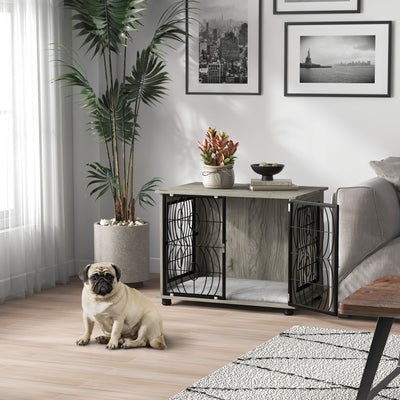Indoor Dog Crate Furniture With Cushion and Lockable Door for Medium Dogs Grey
