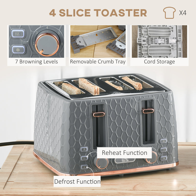 Fast Boil Kettle and 4 Slice Toaster Set with 7 Browning Levels and Crumb Tray Grey