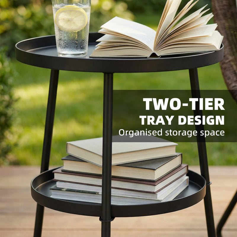 Small Two Tier Garden Side Table for Balconies and Patios with Adjustable Feet Black Outsunny