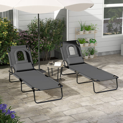 Set of 2 Folding Sun Loungers with Adjustable Backrest and Face Hole for Garden, Dark Grey Outsunny