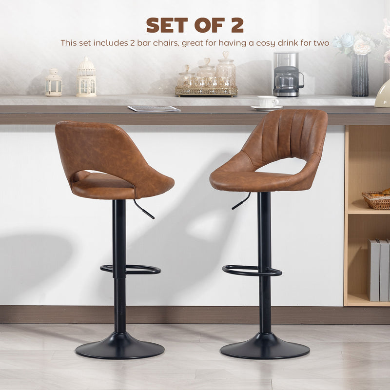 Set of 2 Swivel Bar Stools with Backrest and Footrest Ideal for Kitchen or Breakfast Bar Brown AOSOM