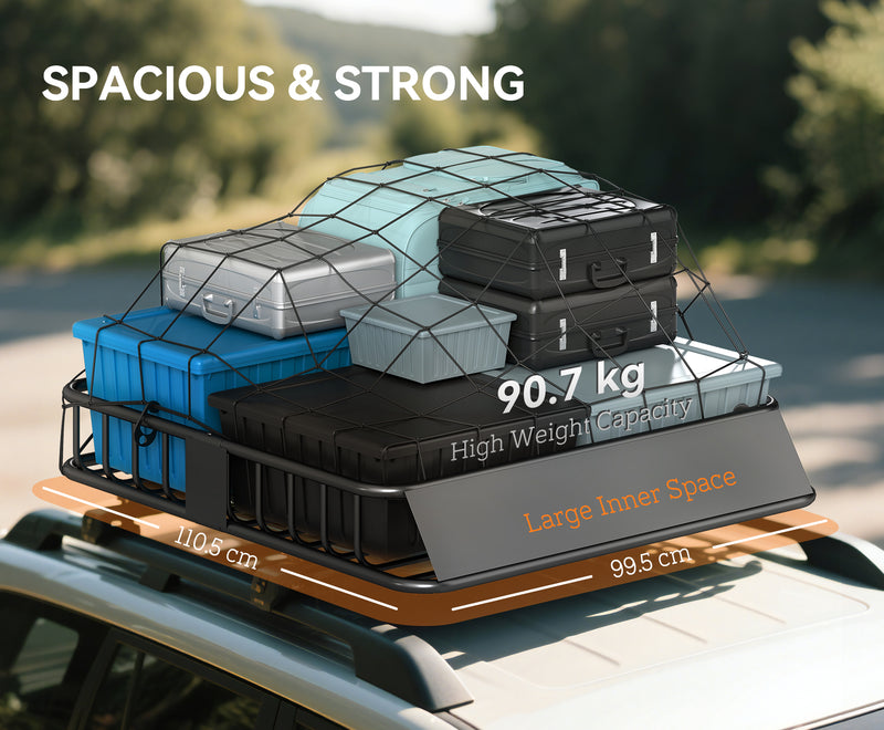 Steel Roof Rack Cargo Basket With Wind Fairing For Cars and SUVs 90kg Capacity, Black