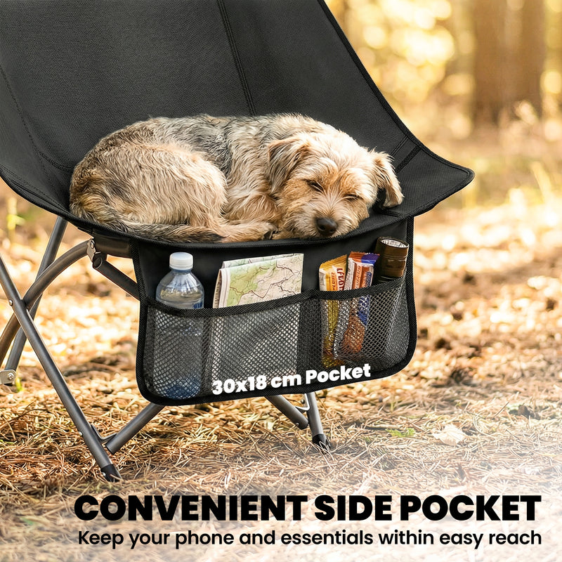 Folding Moon Camping Chair with Supportive Seat and Side Pocket for Outdoor Comfort Black