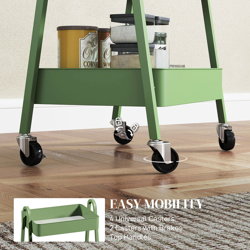 Green Three Tier Rolling Storage Trolley with Wheels and Organiser Shelves