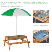 Kids Wooden Picnic Table with Benches Sand and Water Play Adjustable Parasol by Outsunny