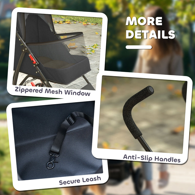 Pet Stroller for Small Dogs or Cats with Foldable Frame and Secure Leash Black AOSOM
