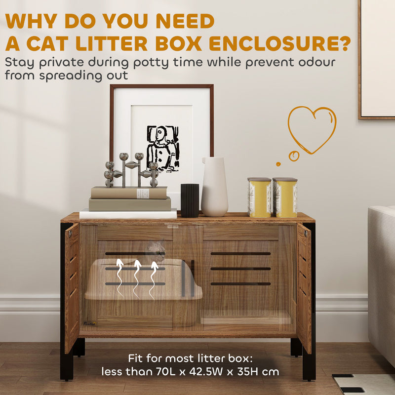 Dark Brown Cat Litter Box Enclosure With Scratcher Legs Double Doors and Ventilation Holes