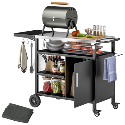 Black Outdoor BBQ Trolley with Foldable Side Table and Storage by Outsunny