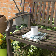 Brown Two Seater Metal Garden Bench with Slatted Design for Patio or Outdoor Use