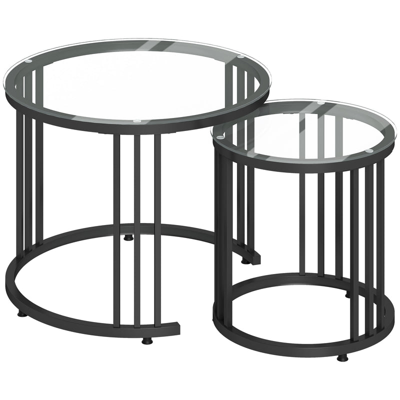 Glass Round Side Tables, Nesting Tables Set for Living Room - Black Metal Frame With Tempered Top