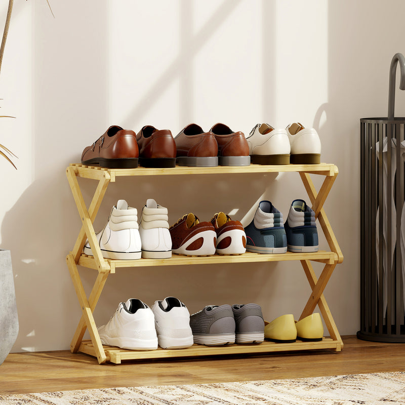 Three Tier Bamboo Shoe Rack Space Saving Foldable Storage Shelf Unit Natural Finish