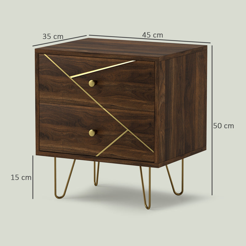 Set of 2 Brown Wooden Bedside Tables with Drawers and Gold Hairpin Legs by HOMCOM