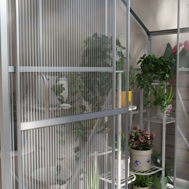 Walk In Polycarbonate Greenhouse With Sliding Door Rain Gutter And Base Frame Silver