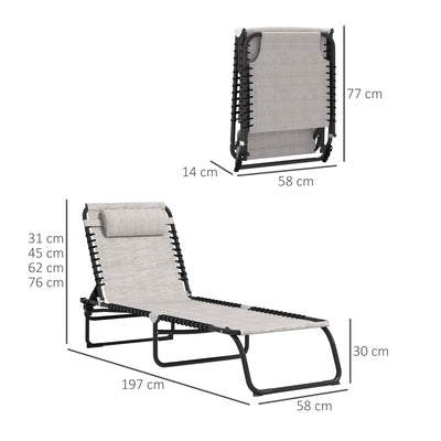 Set of 2 Cream Folding Sun Loungers with Pillow and Adjustable Backrests for Garden or Patio Outsunny
