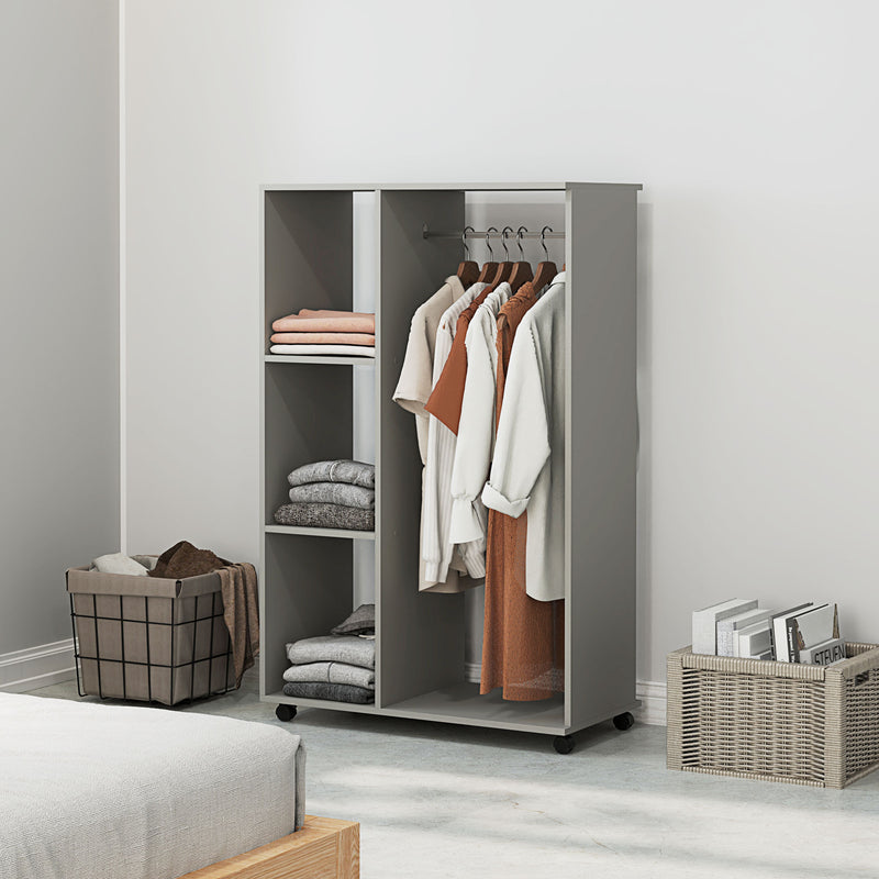 Grey Open Wardrobe on Wheels with Clothes Rail and Shelves for Bedroom Storage by HOMCOM