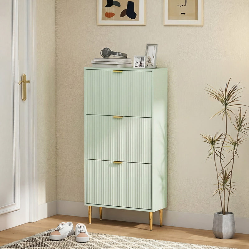 Slim Shoe Cabinet for Hallway Organisation with Flip Drawers and Adjustable Shelves Light Green
