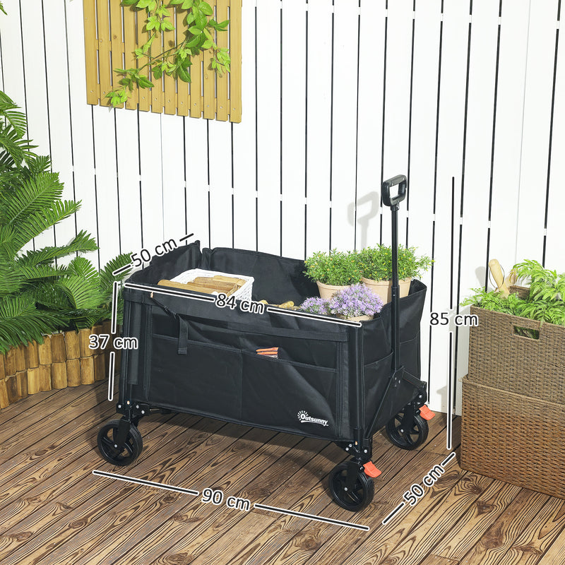 Black 150L Folding Trolley Wagon with Brakes and Adjustable Handle by Outsunny