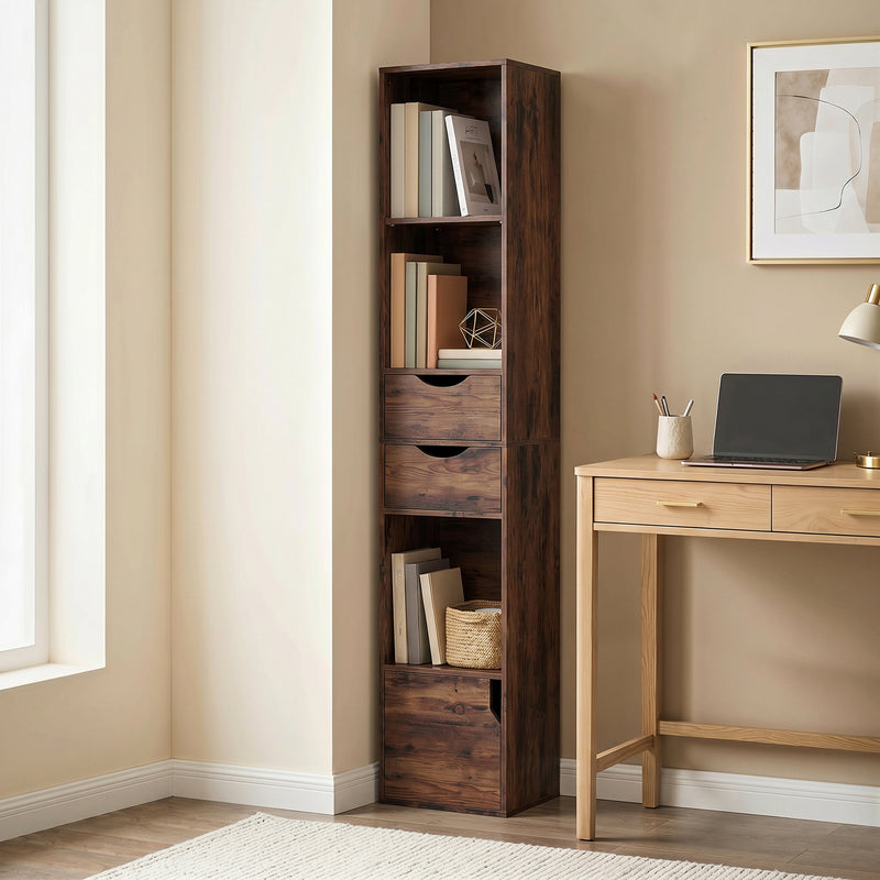 Slim Corner Bookcase with Adjustable Shelf and Storage Drawers for Small Spaces Rustic Brown