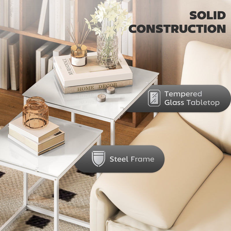 White Nest of 2 Coffee Tables with Tempered Glass Tops for Living Room or Bedroom