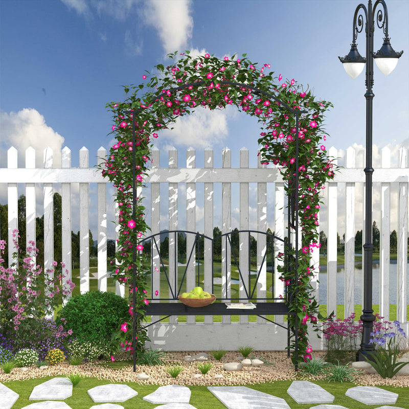 2 Seater Metal Garden Bench With Decorative Arch Ideal For Climbing Plants Black AOSOM