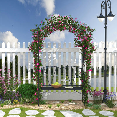 2 Seater Metal Garden Bench With Decorative Arch Ideal For Climbing Plants Black AOSOM