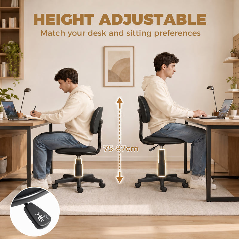 Armless Office Chair for Small Desks Space Saving Adjustable Seat Black