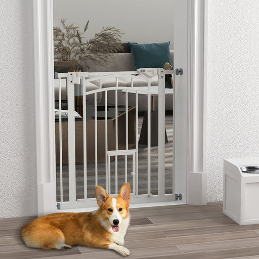 Pressure Fit Dog Gate With Auto Close And Cat Door For Stairs And Hallways White