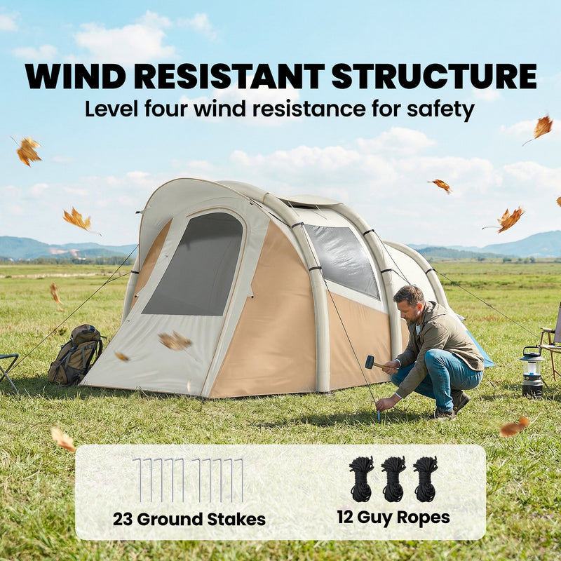 Inflatable Two Room Camping Tent for Quick Five Minute Setup Waterproof for 2 to 3 People Khaki Beige