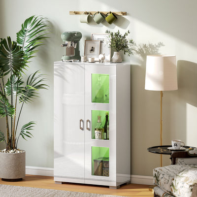 Modern High Gloss Sideboard with LED Lights and Glass Shelves for Living Room Storage, White