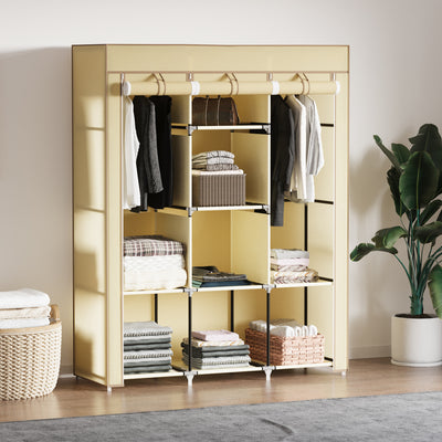 Beige Fabric Portable Wardrobe with 8 Shelves and 2 Hanging Rods by HOMCOM