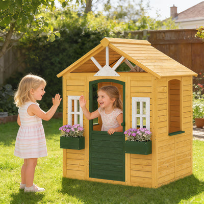 Wooden Garden Playhouse for Children with Spacious Interior and Flower Boxes Brown AOSOM