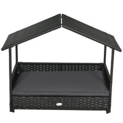 Extendable Elevated Rattan Dog Bed with Water-Resistant Roof and Cushion for Outdoors Grey