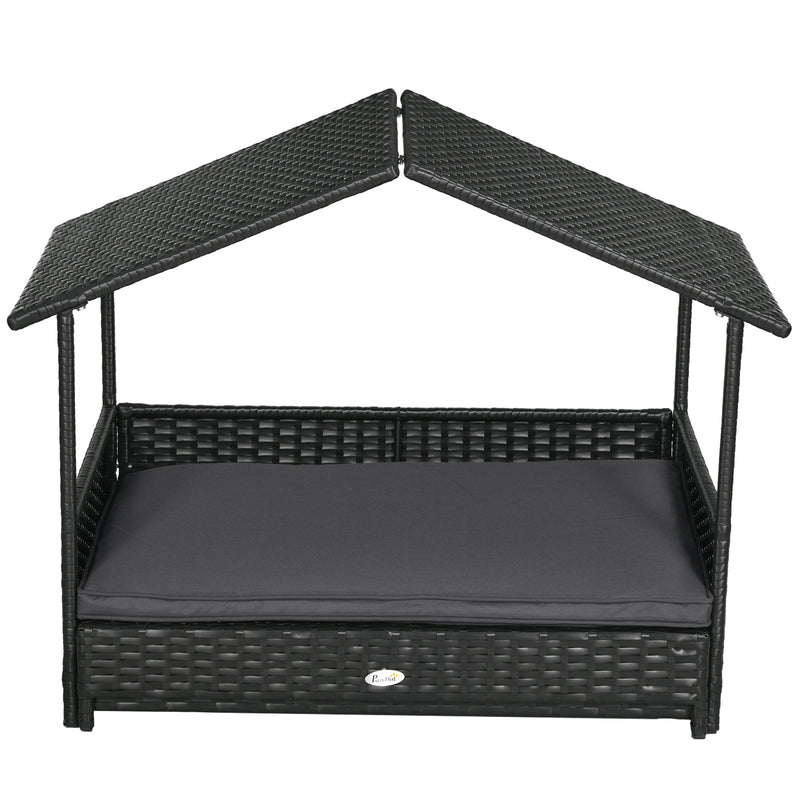 Extendable Elevated Rattan Dog Bed with Water-Resistant Roof and Cushion for Outdoors Grey