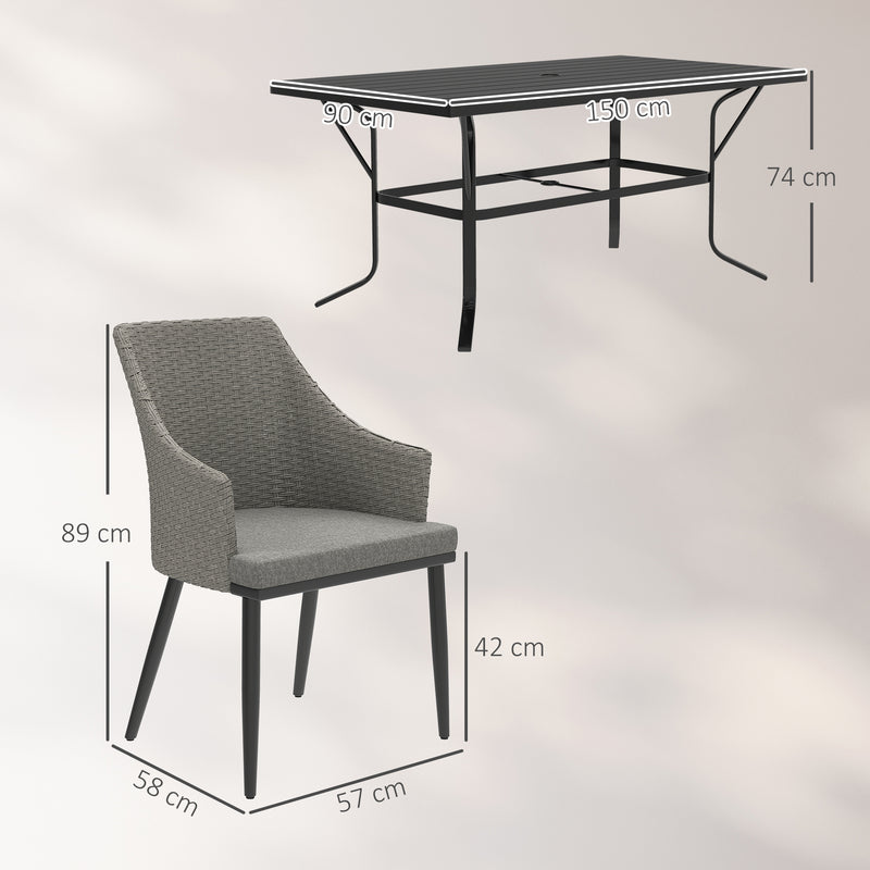 Grey 6 Seater Rattan Patio Dining Set with Cushions and Slatted Table for Garden by Outsunny