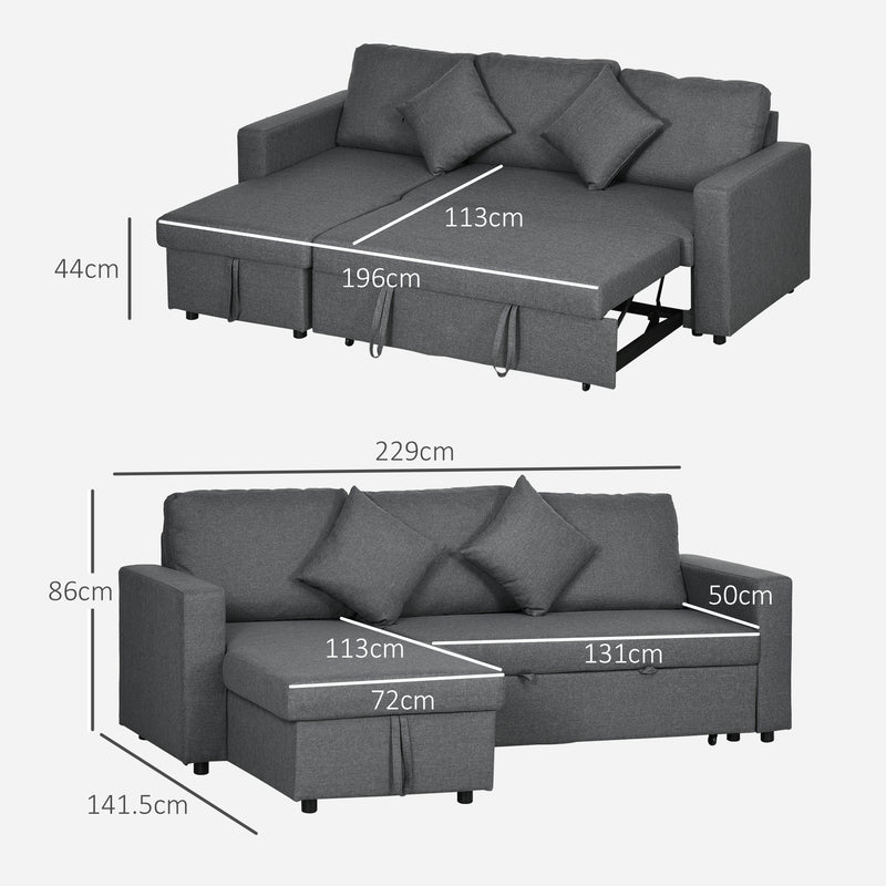 3 Seater Corner Sofa Bed with Storage and Reversible Chaise Lounge for Living Room Dark Grey