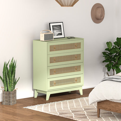 Light Green 4 Drawer Chest of Drawers with Rattan Front for Bedroom and Living Room Storage