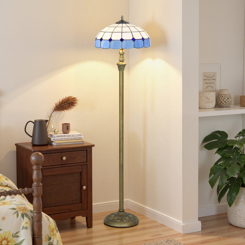 Tiffany Style Floor Lamp with Stained Glass Shade and Foot Switch for Living Room Blue