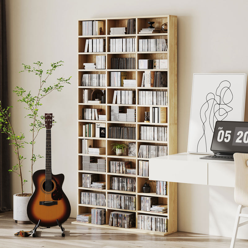 Tall CD Storage Cabinet with Adjustable Shelves for Home or Office Use Oak Tone