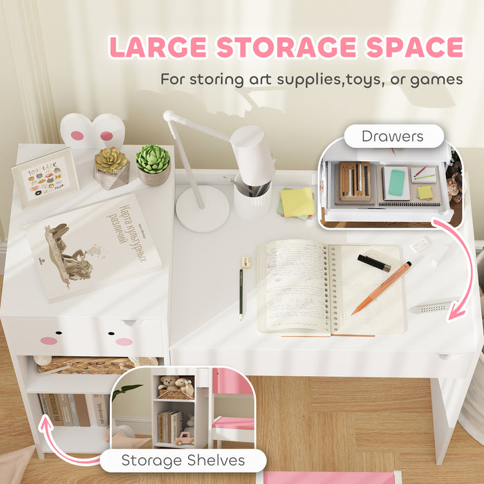 White Rabbit Themed Kids Desk and Chair Set with Storage for Ages 3-6 by AIYAPLAY