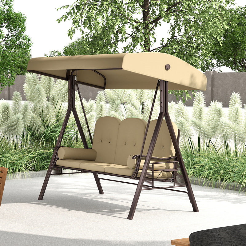 Patio Swing - 3 Seater Garden Swing Chair With Tilting Canopy For Patio Or Lawn Relaxing, Brown