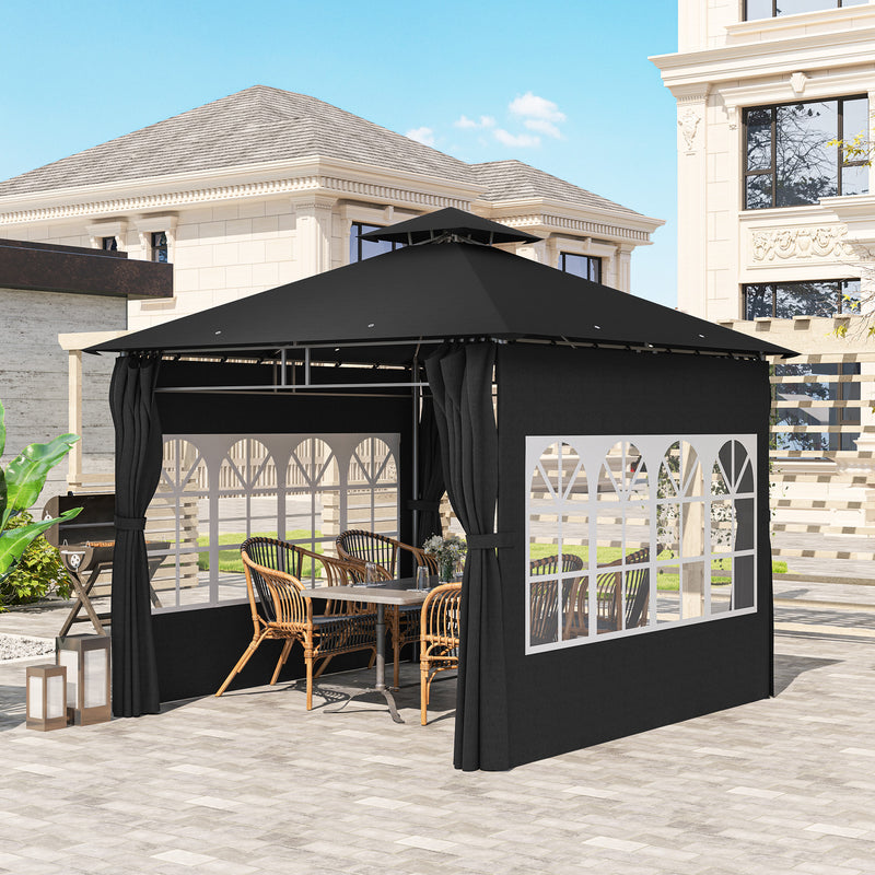 3 x 3 m Black Metal Garden Gazebo With Double Roof and Removable Sidewalls by Outsunny