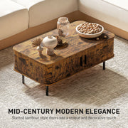 Wooden Coffee Table With Sliding Tambour Doors And Storage Shelf For Living Room Rustic Brown